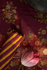 Roohani Suit Set – Unstitched Cotton Silk 3-Piece Set | 42" Wide | Maroon-Mauve Digital Floral Print with Zardozi Work