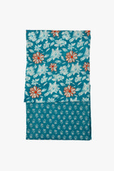 Neel Tara – Unstitched Blue Cotton with White Florals & Orange Embroidery | 100% Breathable Fine Cotton | 42" Wide
