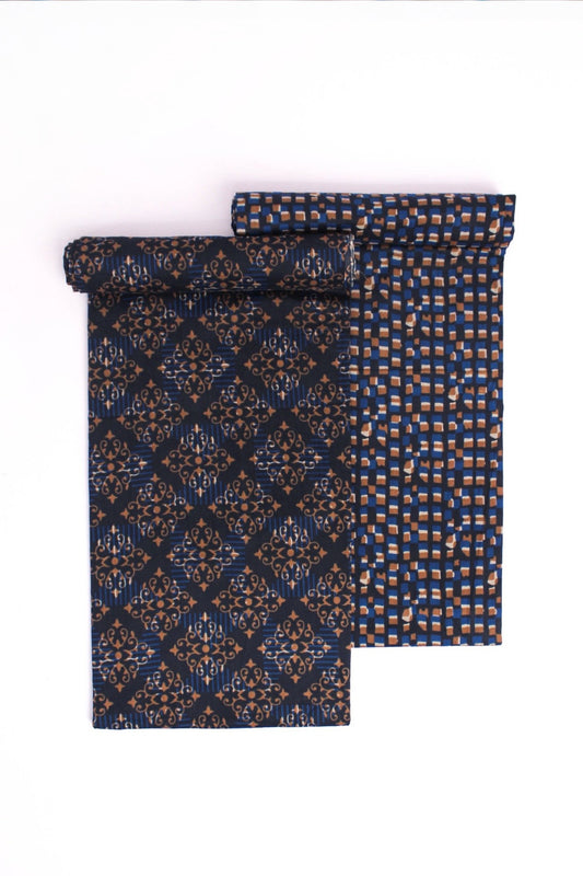 Two pieces of fabric with a geometric pattern in blue and beige colors