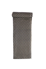 A swatch of fabric featuring a repeating indigo block-printed booti pattern on a beige canvas.