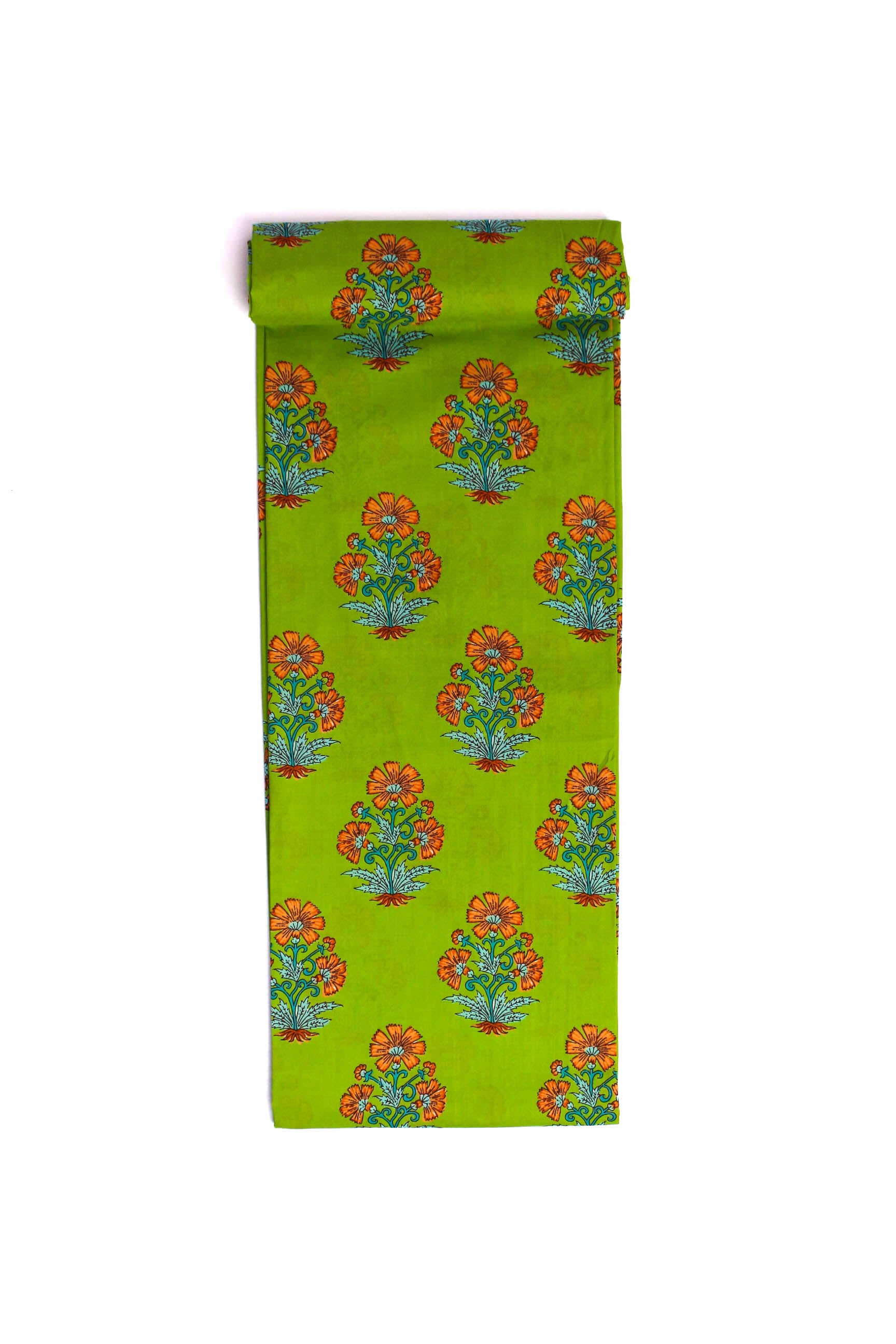 A strip of fabric with a green background and bright orange floral print.