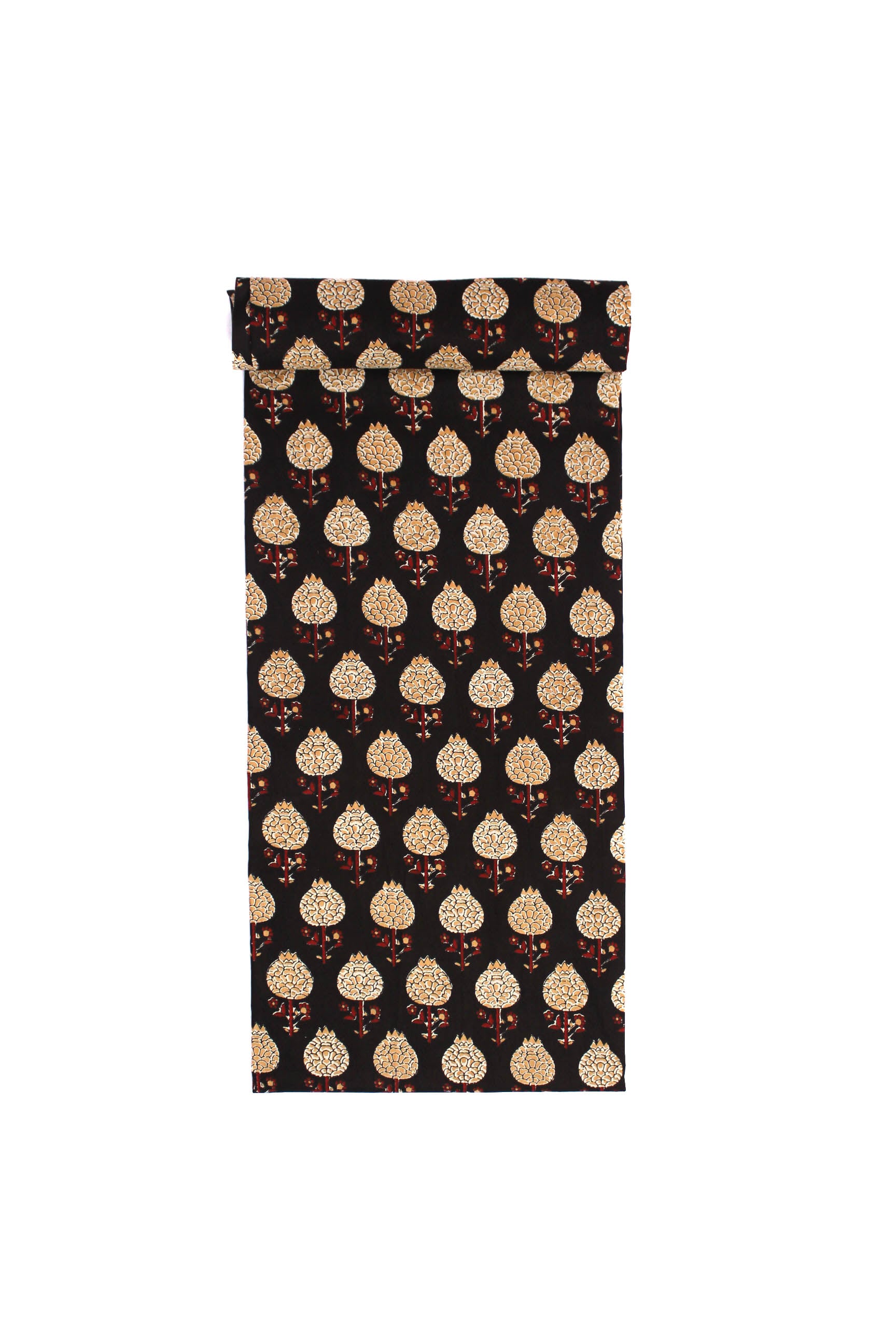 Black fabric with a bold beige floral pattern outlined in crimson and olive colors.