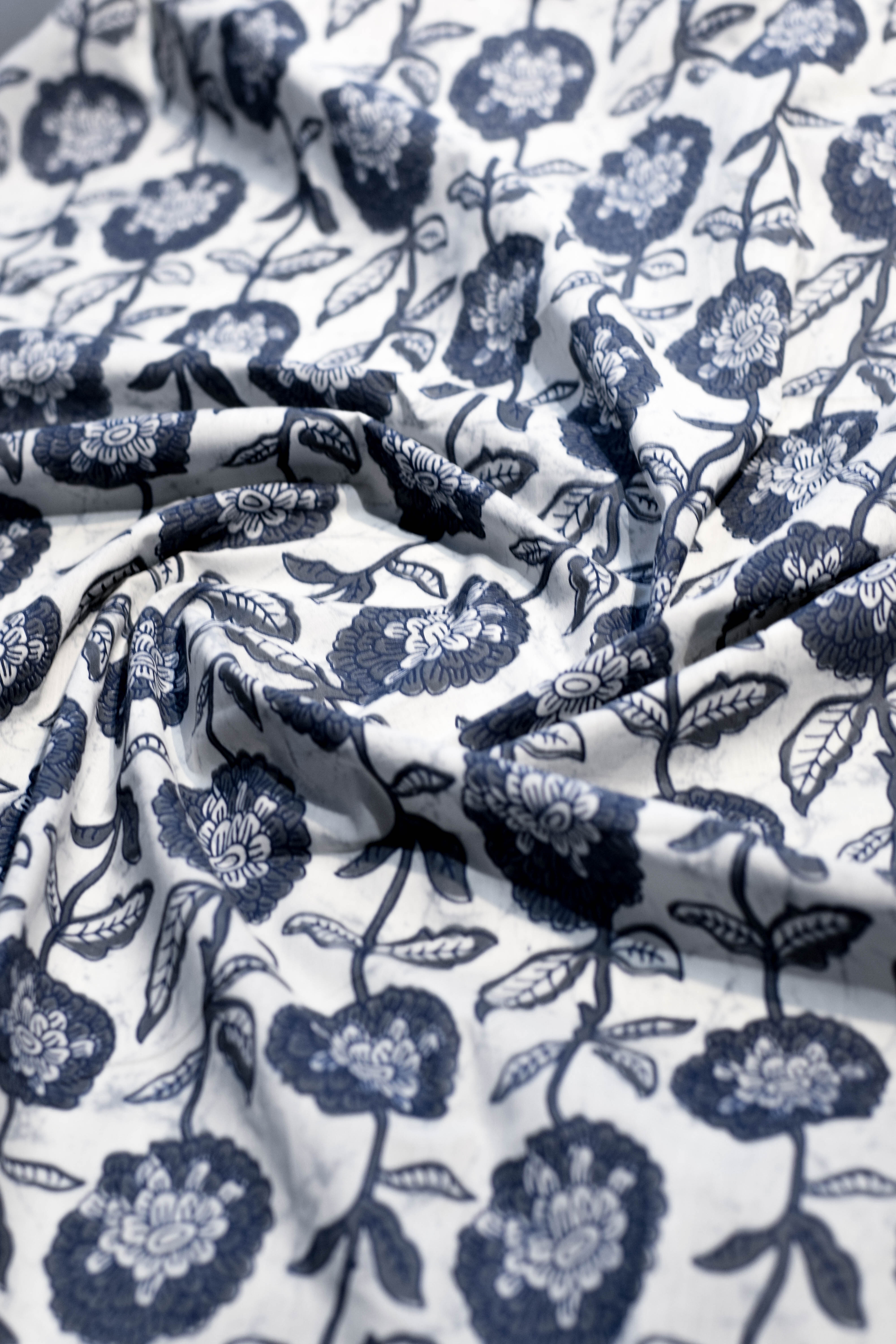 Floral patterned fabric with blue flowers on a white background