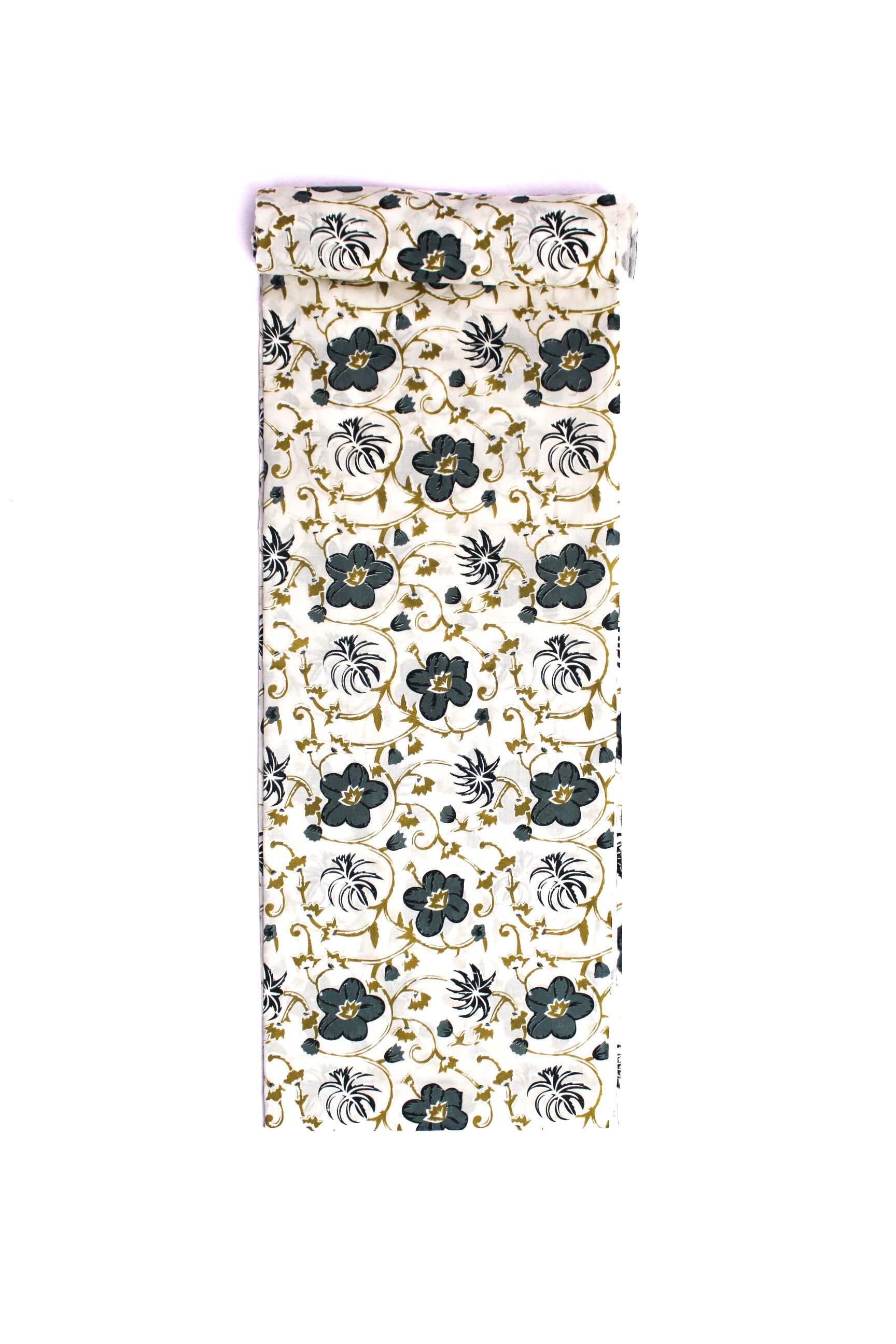 A single fabric featuring a cream color with grey floral vines pattern.