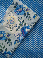 Floral fabric with blue flowers on a blue chevron patterned background