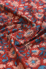 Close-up of red floral fabric with blue and pink flowers
