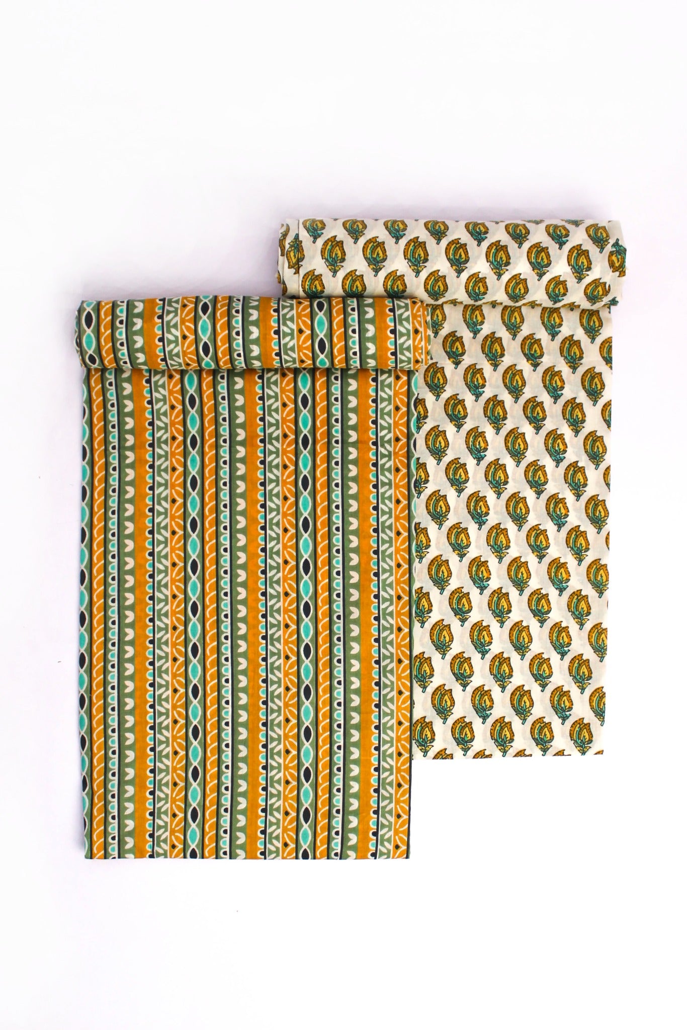 A two-piece suit set with one piece showcasing a striped pattern with vertical teal and mustard lines and the other with a mustard floral motif on a darker background.