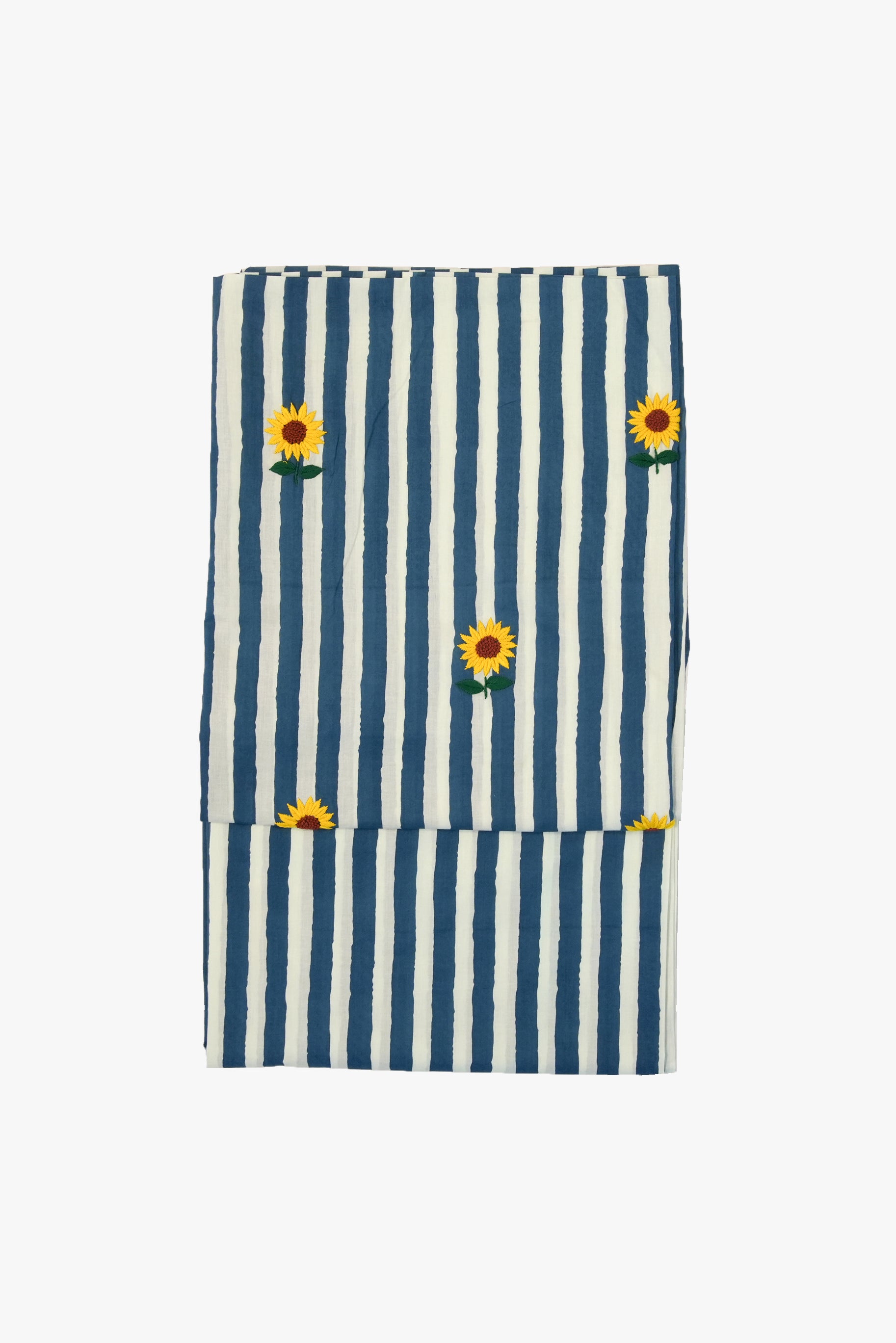 Striped fabric with sunflower designs on a white background