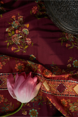 Roohani Suit Set – Unstitched Cotton Silk 3-Piece Set | 42" Wide | Maroon-Mauve Digital Floral Print with Zardozi Work