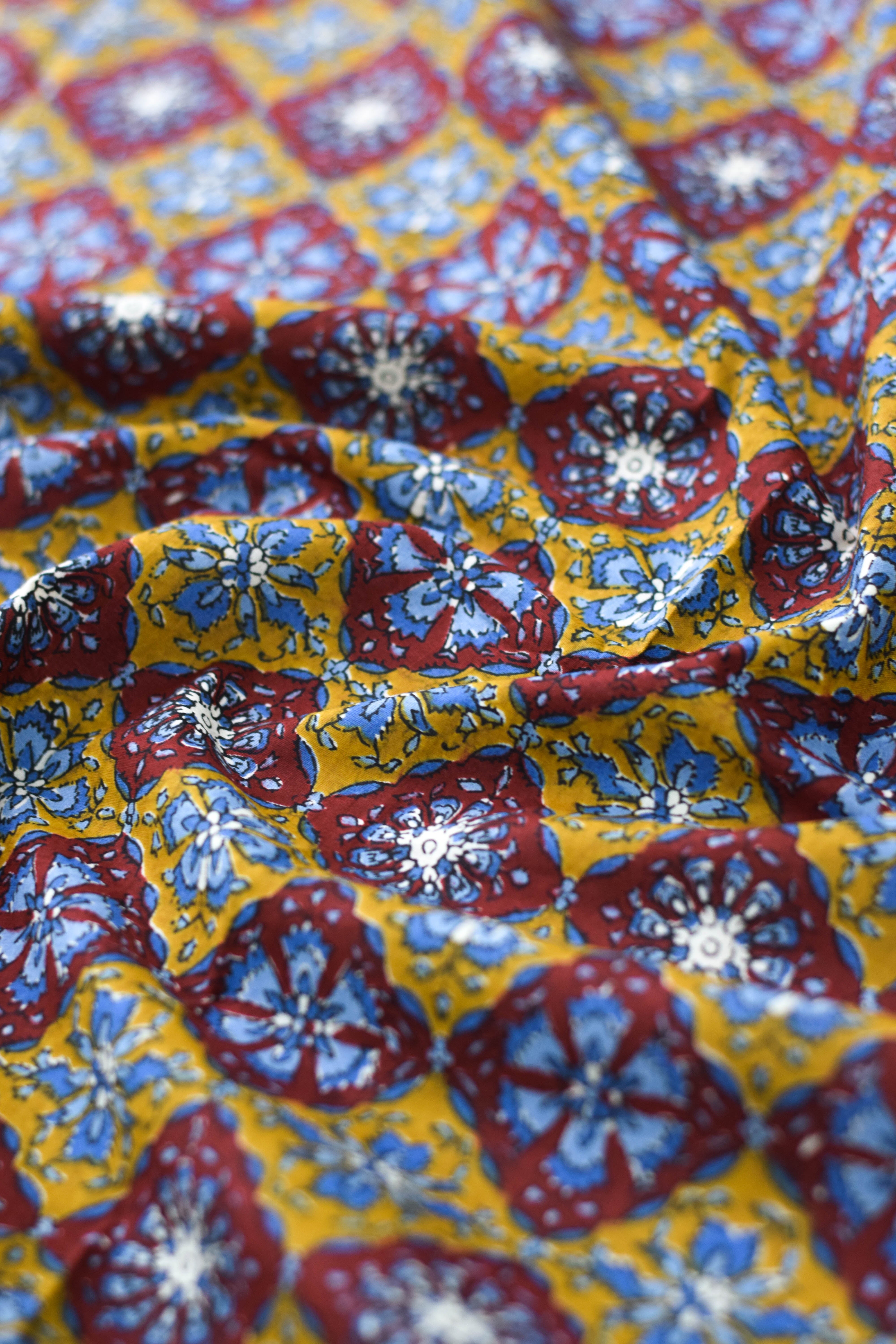 Close-up of patterned fabric with blue and red designs on a yellow background.