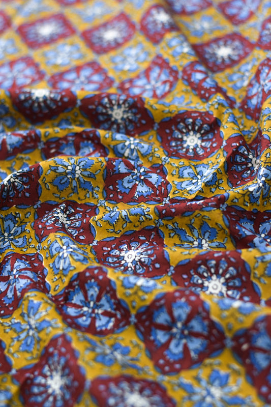 Close-up of patterned fabric with blue and red designs on a yellow background.