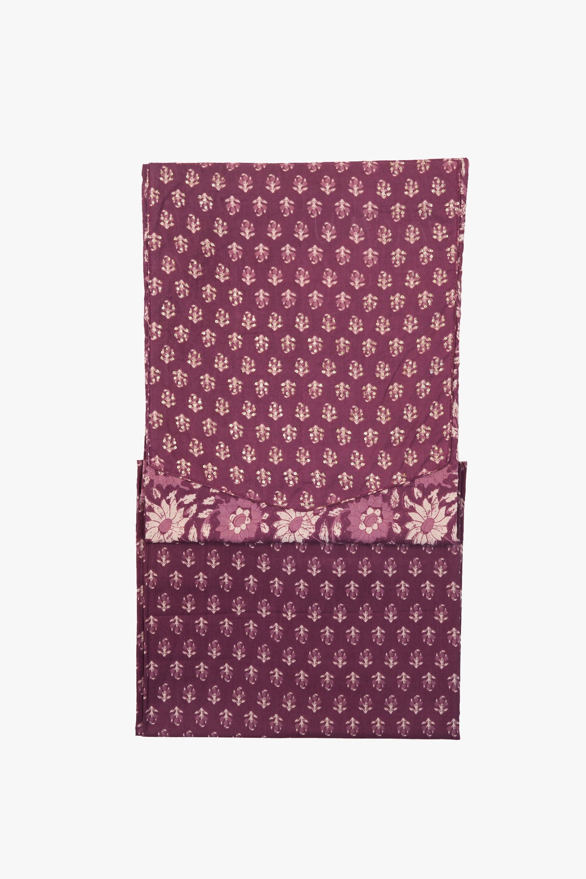Purple fabric with floral pattern on a white background