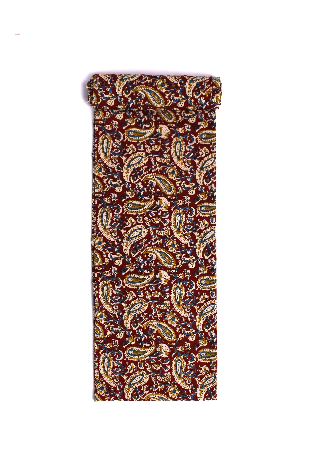 Fabric featuring a maroon scroll pattern with paisleys and floral elements on a cream background.