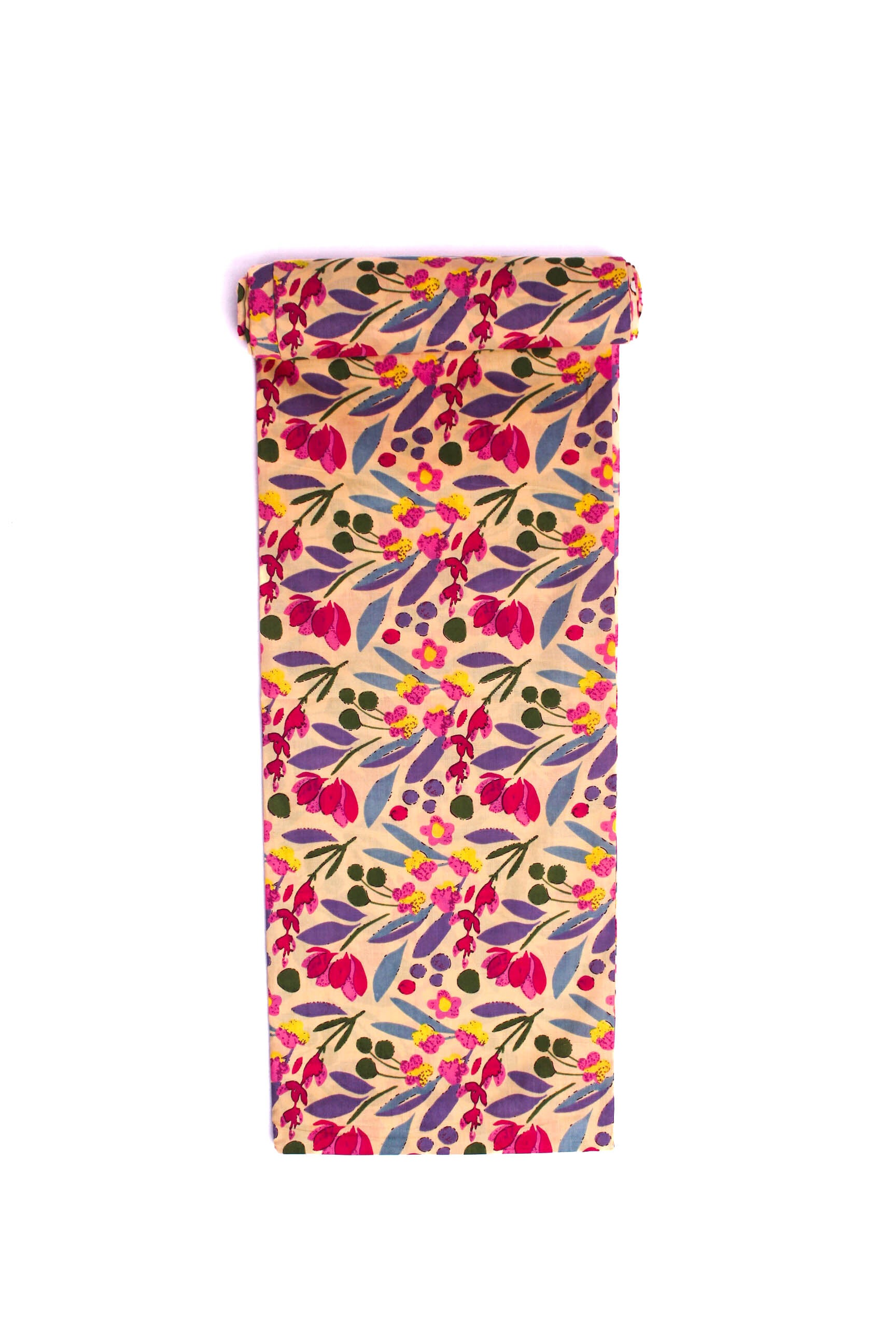 A single fabric featuring a floral pattern with colors magenta, lavender, green, and beige.