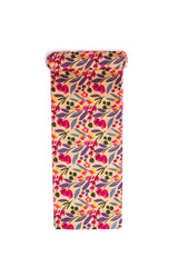 A single fabric featuring a floral pattern with colors magenta, lavender, green, and beige.