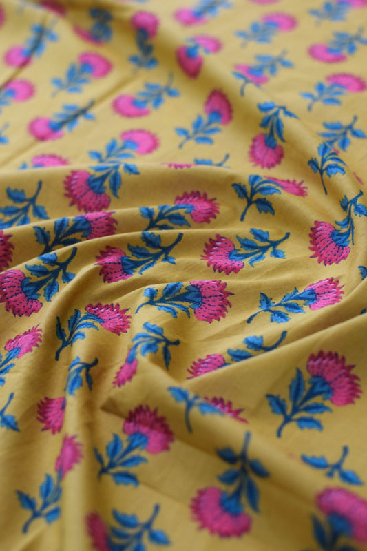 Yellow fabric with pink and blue floral patterns