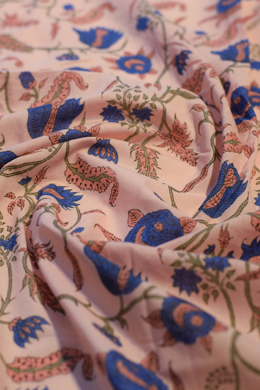 Close-up of floral patterned fabric with blue and pink colors.