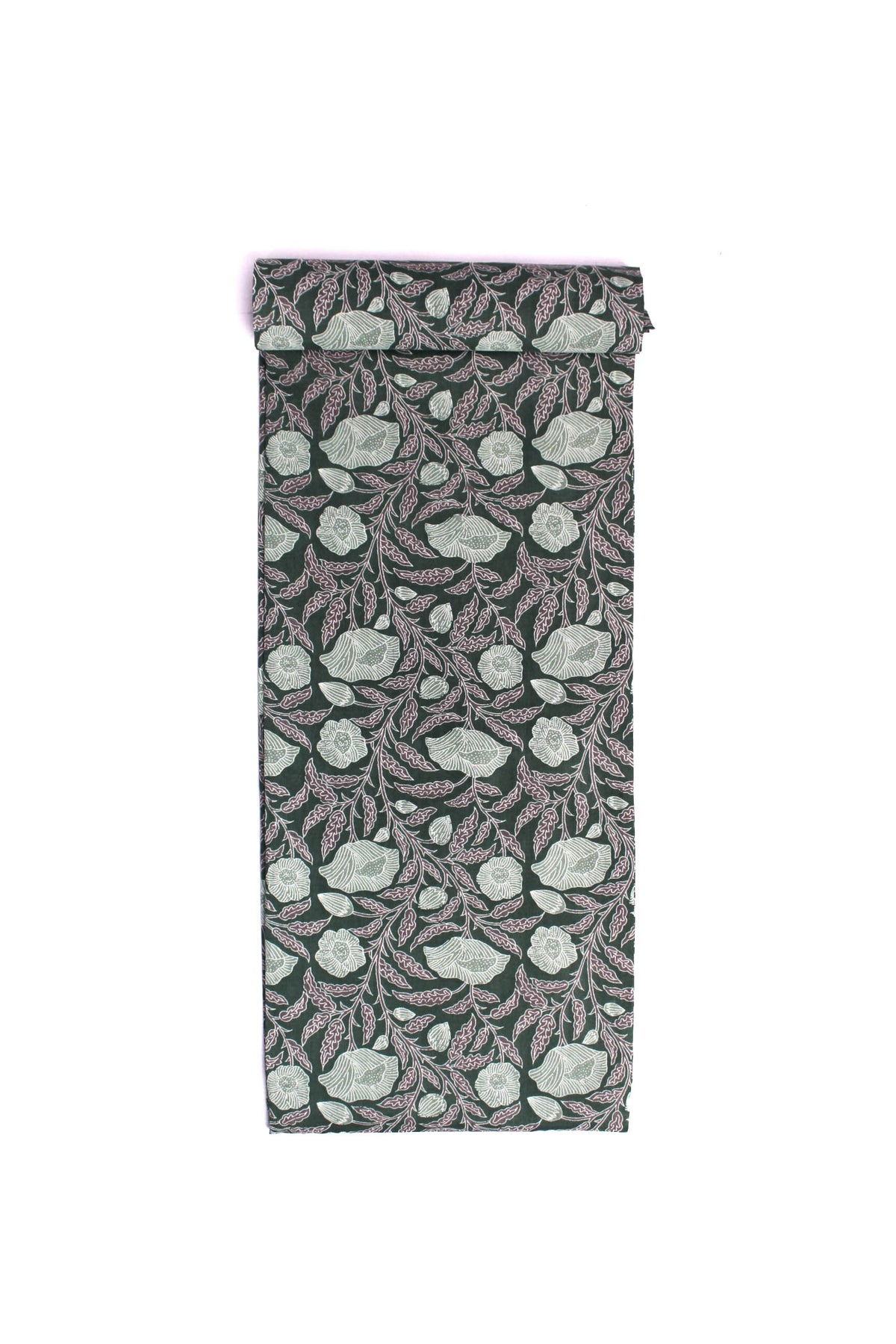 Fabric with a forest green background featuring sketched flowers and leaves in white and lilac.