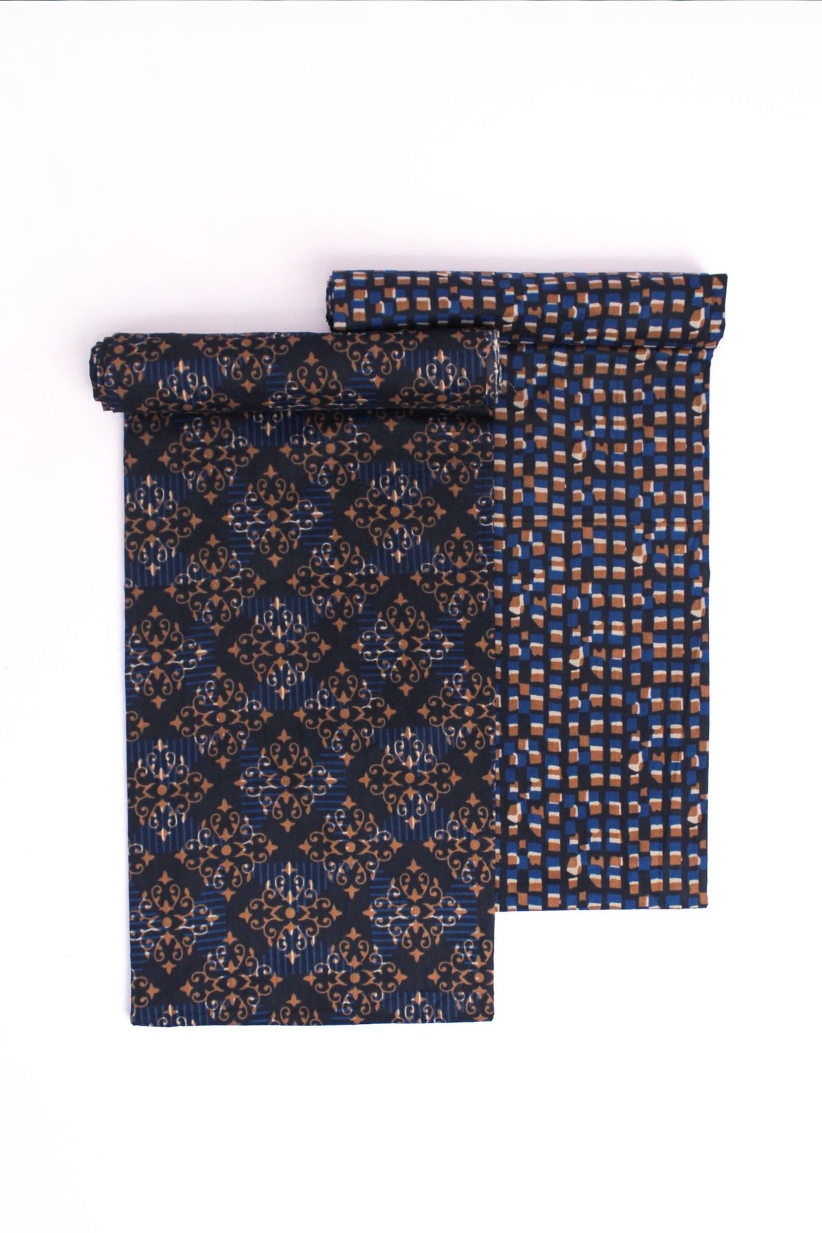 Two pieces of fabric with a geometric pattern in blue and beige colors