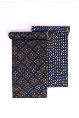 Two pieces of fabric with a geometric pattern in blue and beige colors