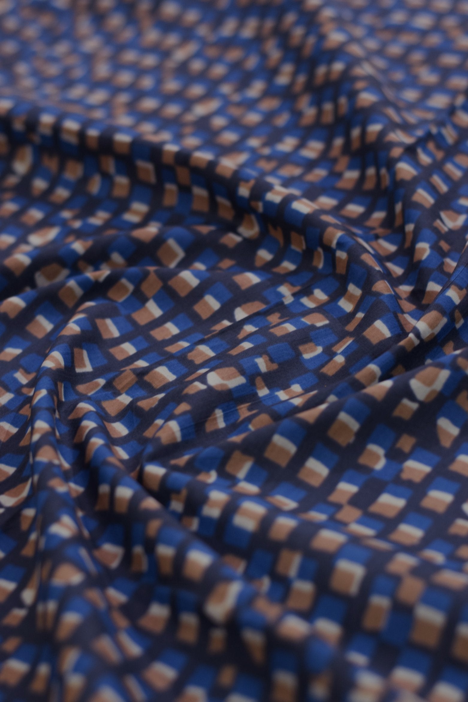 Close-up of blue and brown patterned fabric