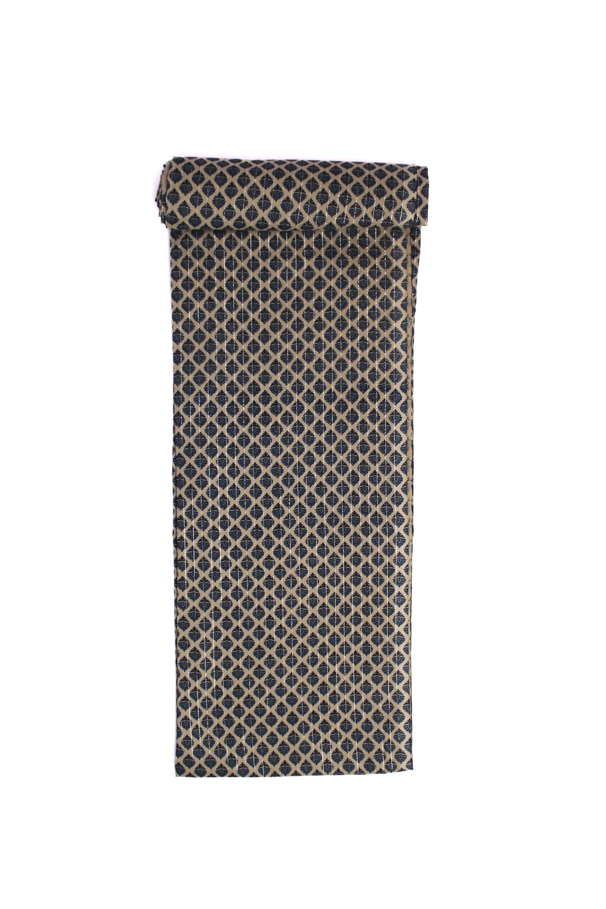 A swatch of fabric featuring a repeating indigo block-printed booti pattern on a beige canvas.