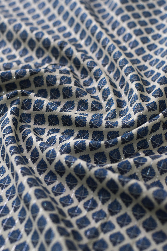 Close-up of patterned fabric with blue and white design