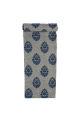 Fabric with indigo blue Mughal-inspired floral bootas and a faint background pattern.