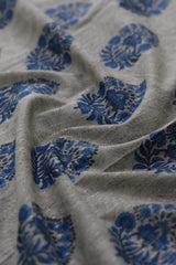 Close-up of fabric with blue floral patterns on a white background