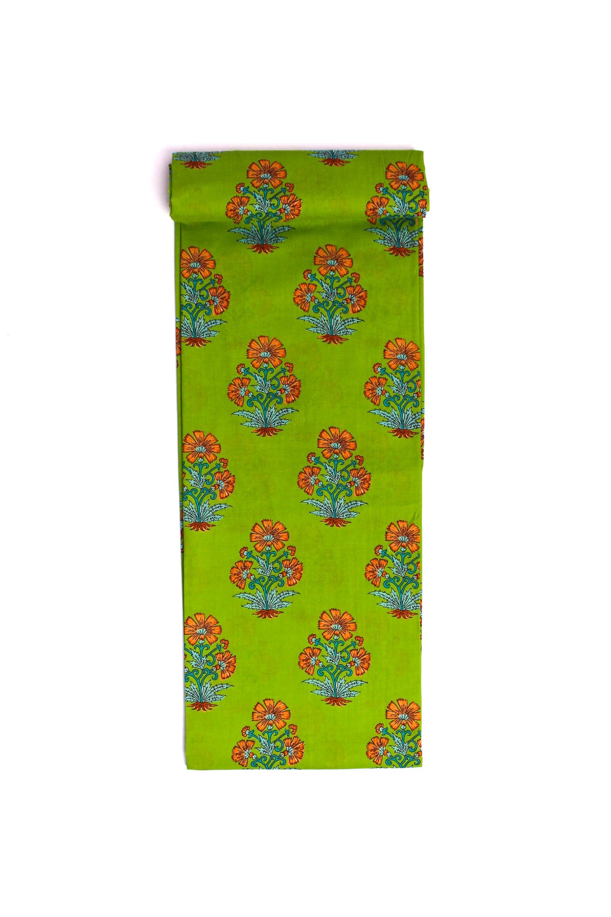A strip of fabric with a green background and bright orange floral print.