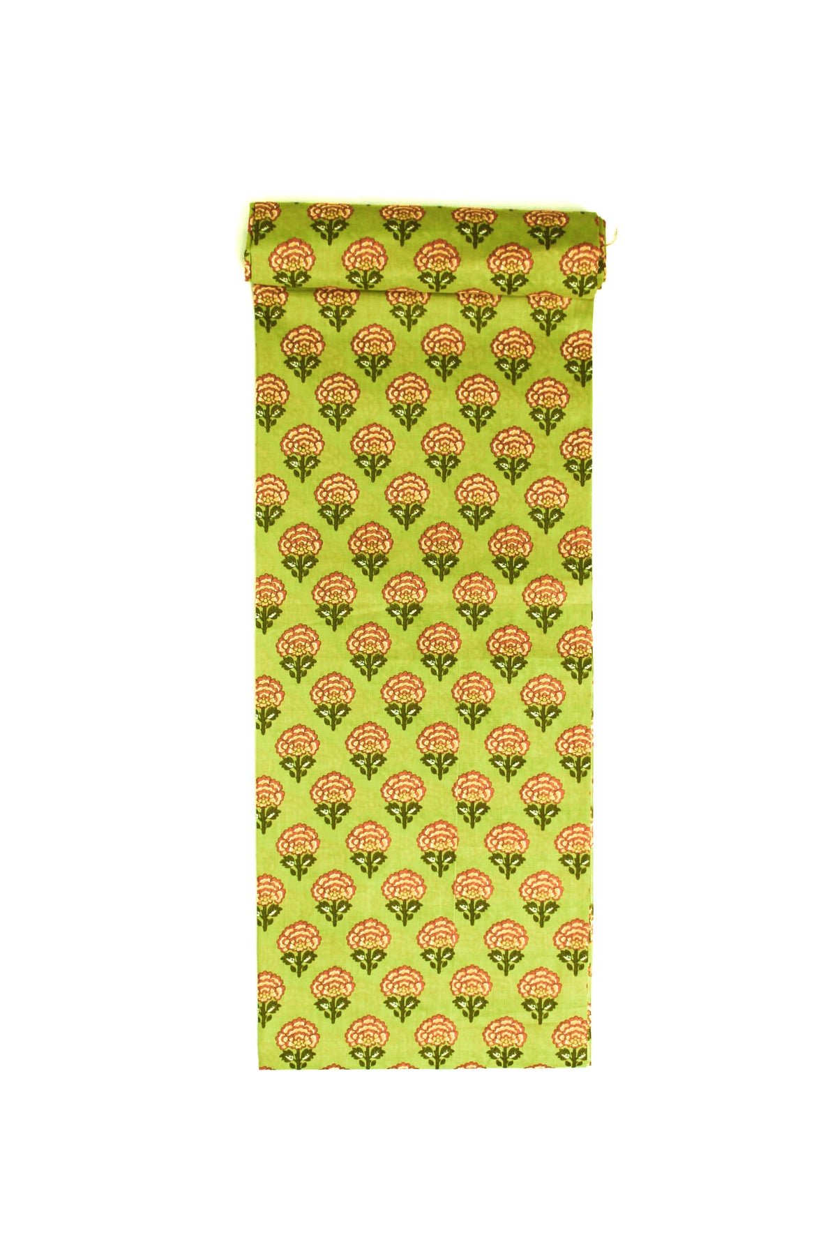 Fabric with a lush green base featuring vibrant orange and yellow marigold patterns.