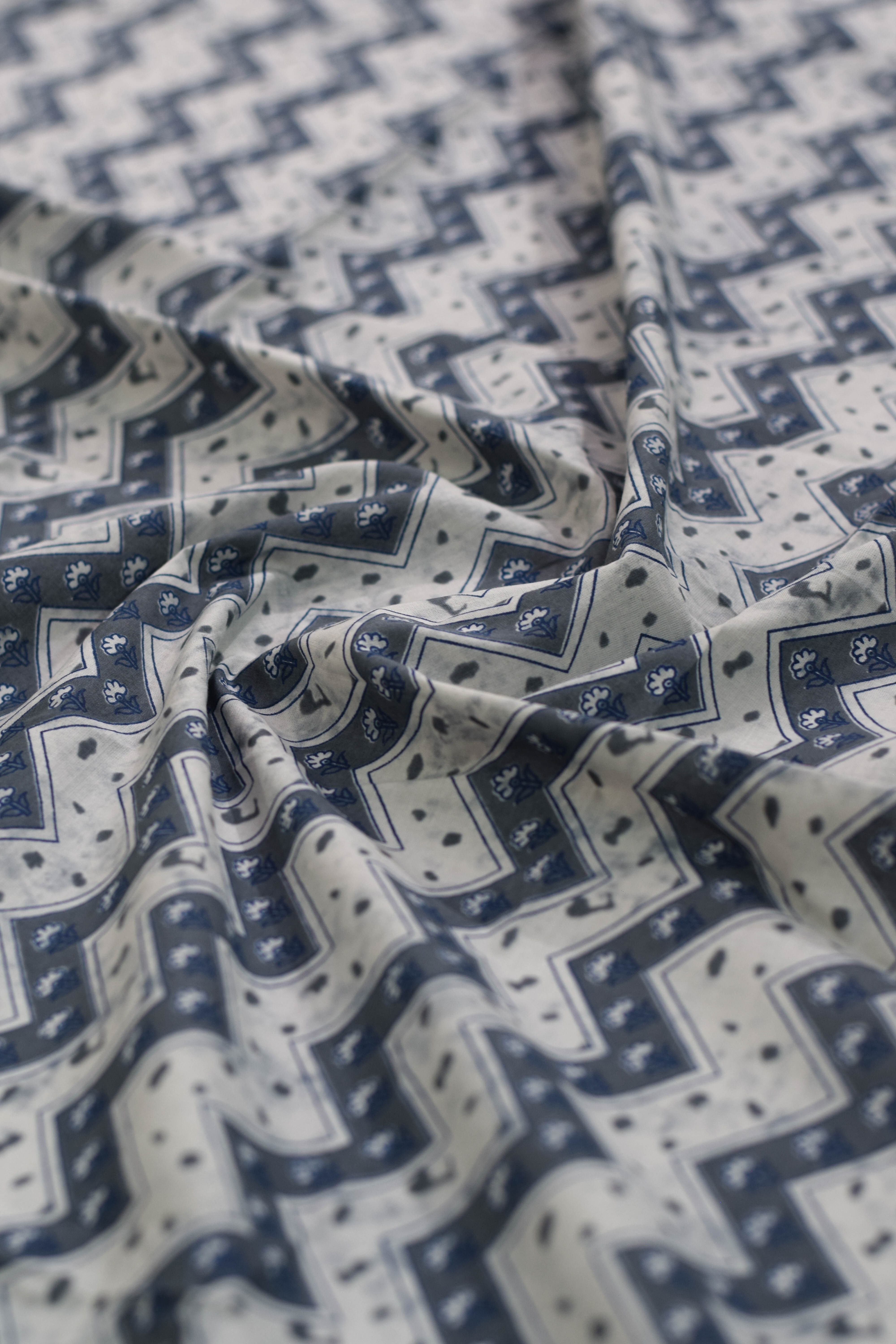Close-up of patterned fabric with blue and white design
