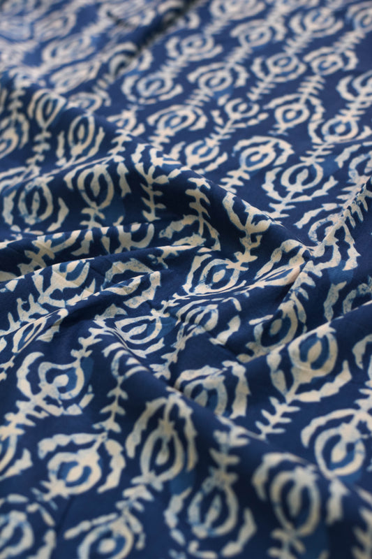 Blue fabric with white patterned design