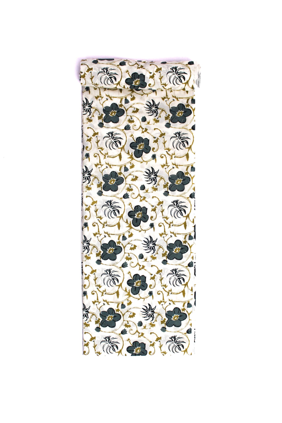 A single fabric featuring a cream color with grey floral vines pattern.