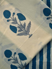 White fabric with blue floral patterns and blue stripes