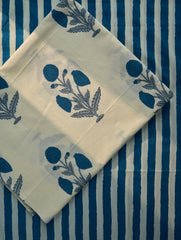 White fabric with blue floral patterns on a blue and white striped background