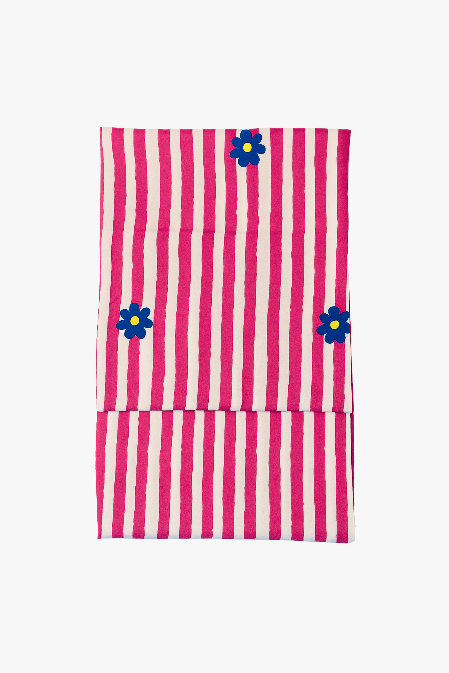 Pink and white striped fabric with blue floral designs on a white background
