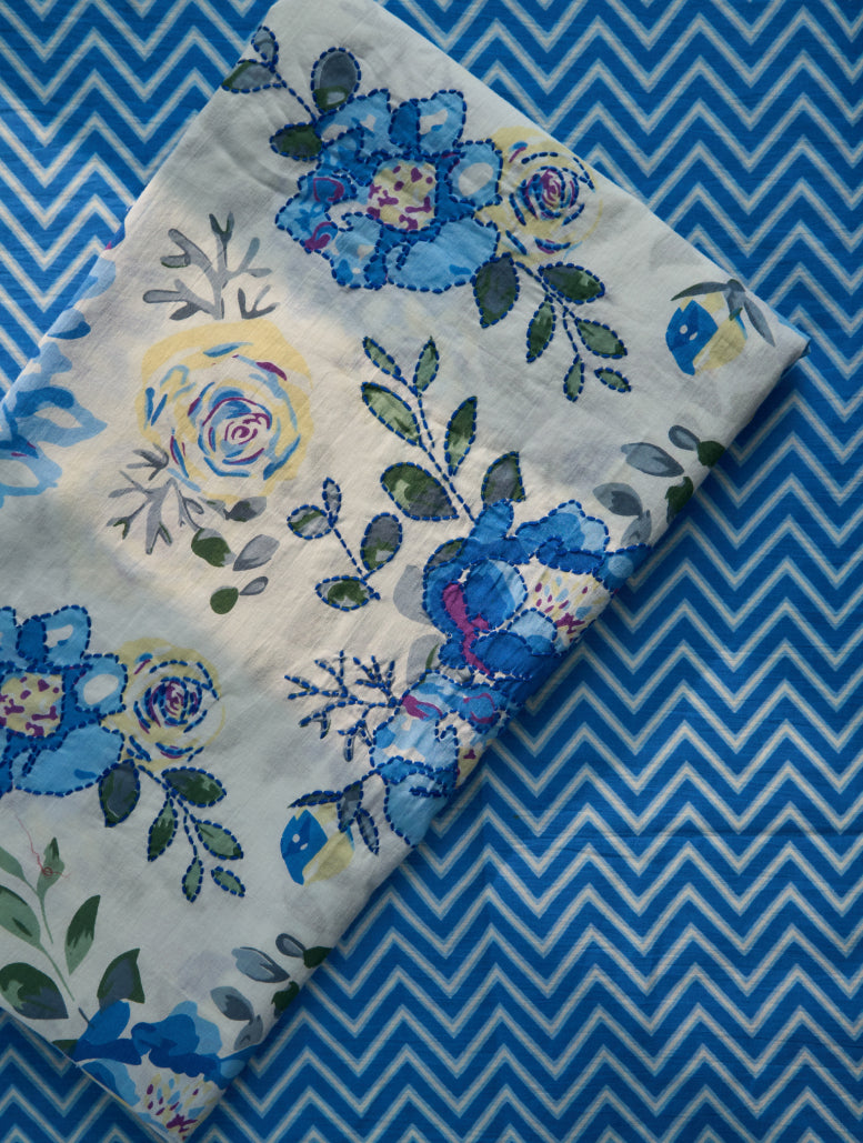 Floral fabric with blue flowers on a blue chevron patterned background