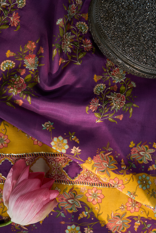 Purple fabric with floral patterns