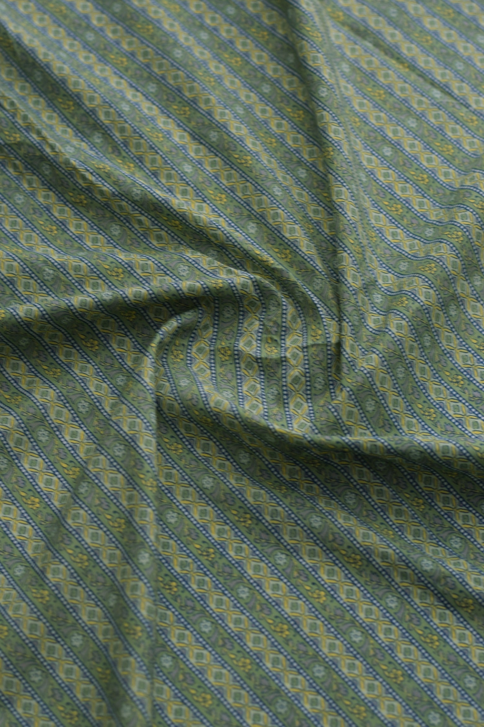 Close-up of patterned fabric in green and blue.