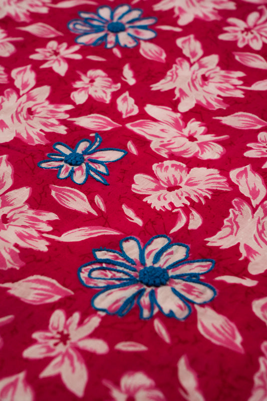 Floral pattern with pink and blue flowers on a red background