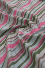 Striped fabric with pink, green, and brown colors.