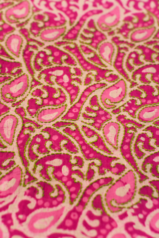 Close-up of pink fabric with intricate paisley pattern