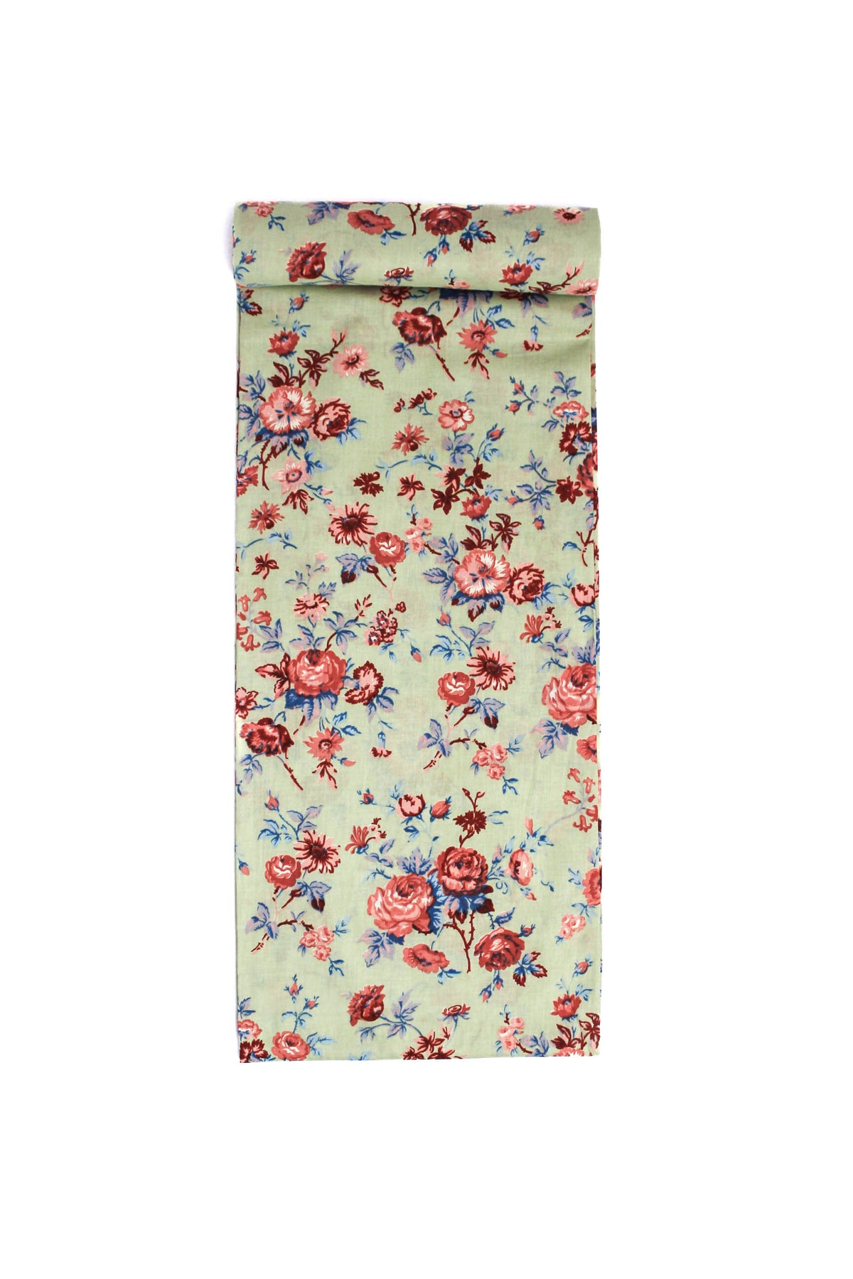 Fabric with a rustic floral pattern featuring pink, red, and blue flowers on a cream-colored background