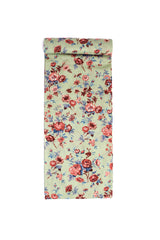 Fabric with a rustic floral pattern featuring pink, red, and blue flowers on a cream-colored background