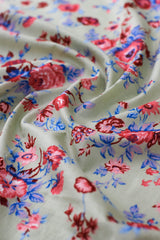 Close-up of floral patterned fabric with red and blue colors.