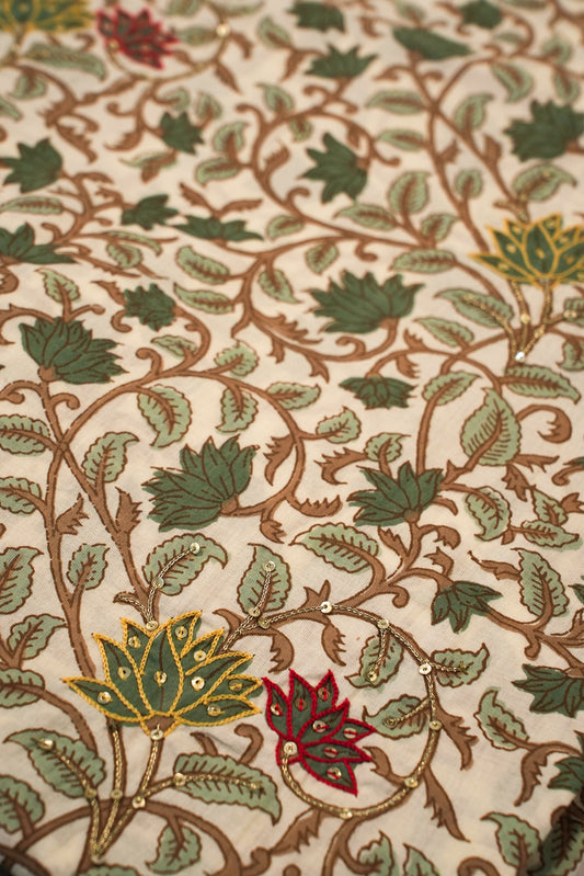 Close-up of intricate floral pattern with green, red, and gold colors on a beige background.