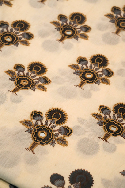 Patterned fabric with black floral designs on a beige background