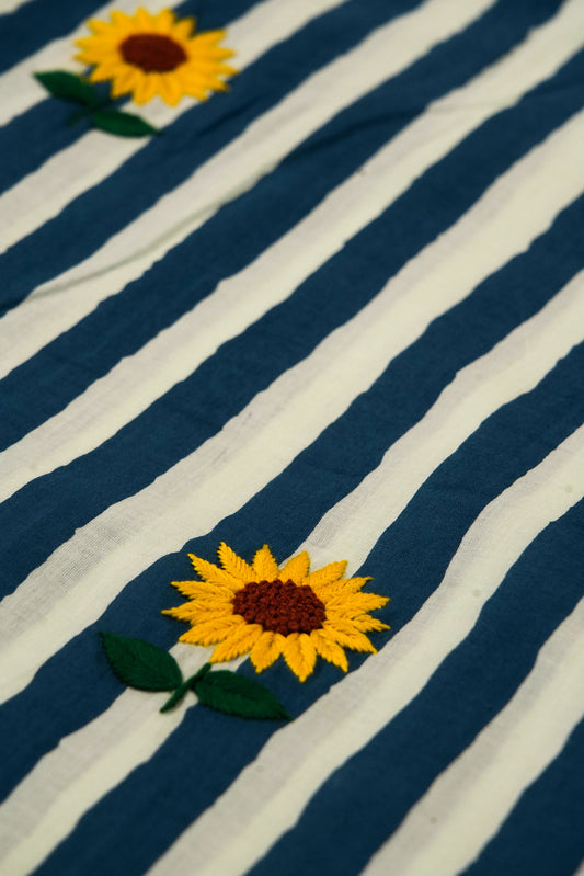 Striped fabric with embroidered sunflowers