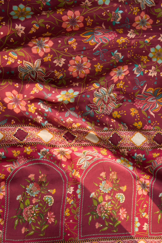 Close-up of a fabric with colorful floral patterns
